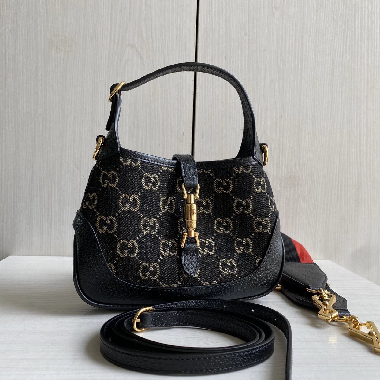 Top G jackie1961 bag black denim fabric denim fabric cowhide armpit bag dumpling bag women's bag shoulder crossbody bag mini size 19 * 13, large size 28 * 19