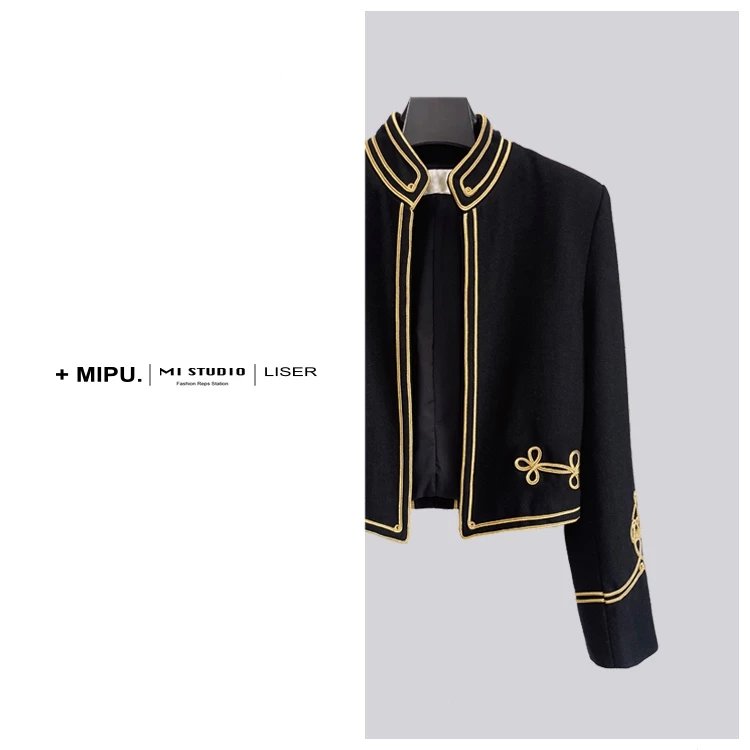 MIPU Home C Style Court Style Gold Silk Jacket Black Coat