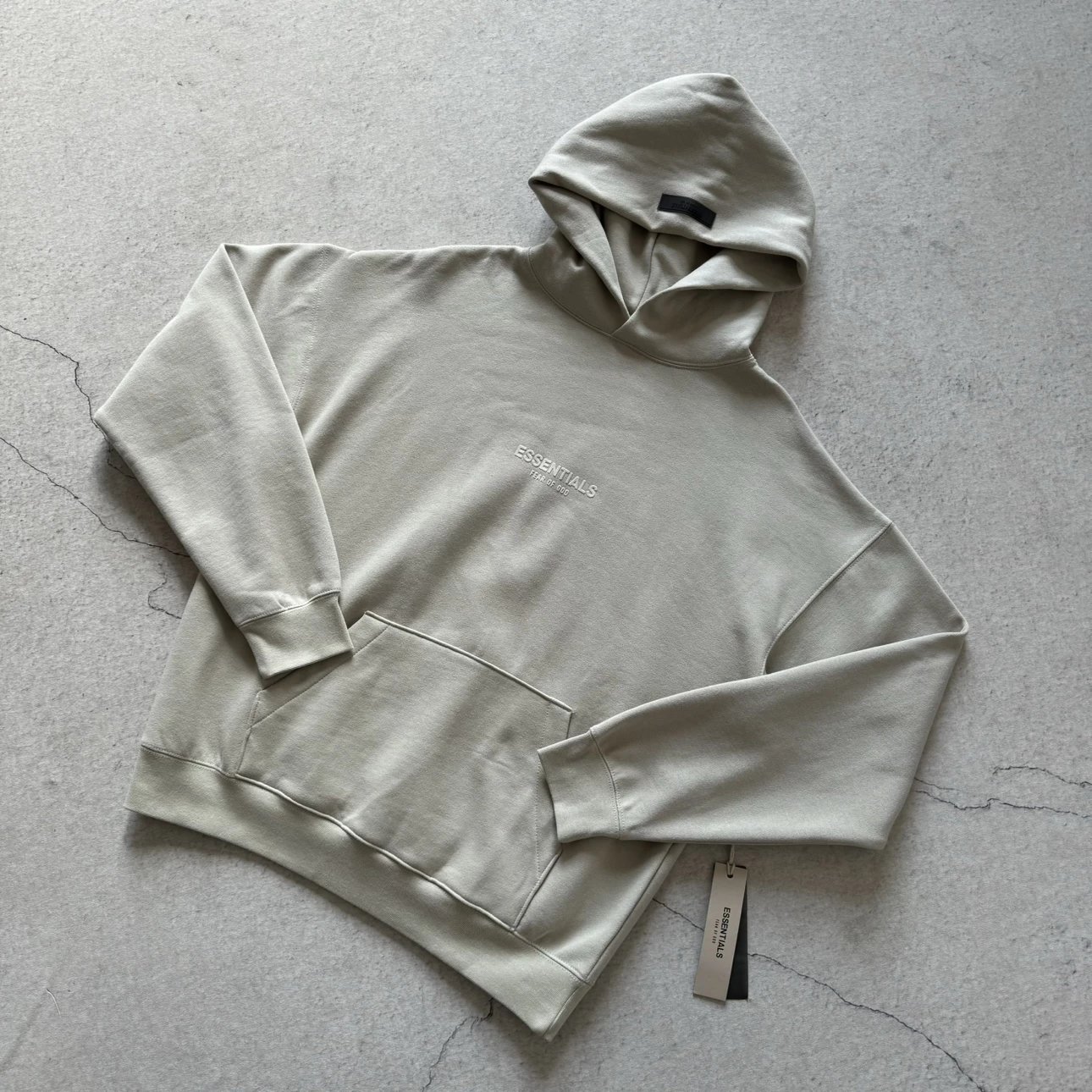 FOG Fear of God Essentials Fleece Hoodie With Centered Logo Patch, Wide Ribbed Cuffs (420g Heavyweight, New Wheat Color, Three Tags Included)