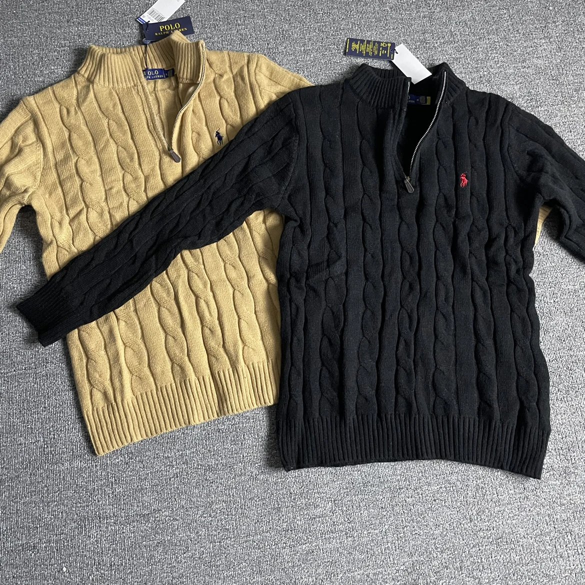 【Ready Stock】Ralph Lauren Pony Half-Zip Polo Sweater, Wool Blend, High GSM, Intricate Embroidery, Custom Zipper, Tag with Official Website QR Code