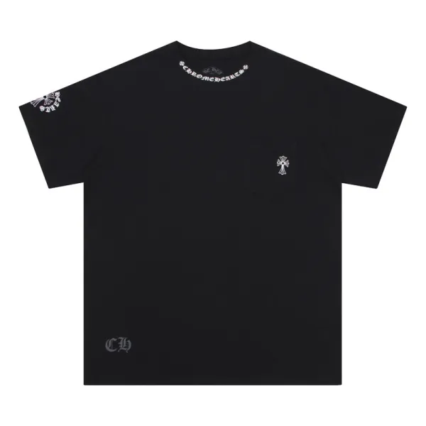 Chrome Hearts Black Pocket T-Shirt with Embroidered Cross and Chain Collar - 1