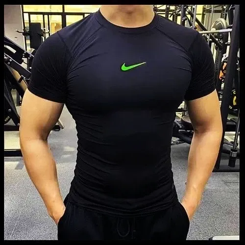 Nike Pro Compression T-Shirt Black with Neon Green Swoosh - 1