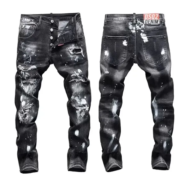 DSQ2 Denim Distressed Paint-Splatter Black Jeans - 1