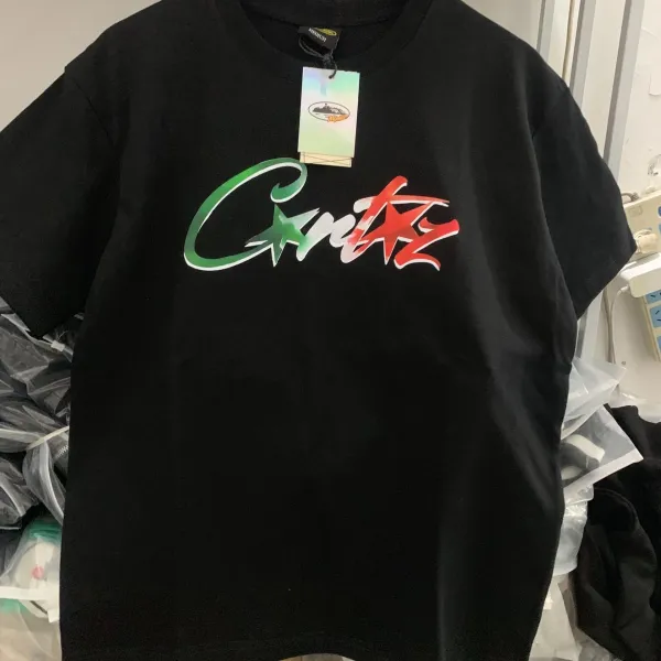 Corteiz Green and Red Script Logo Black T-Shirt - 1