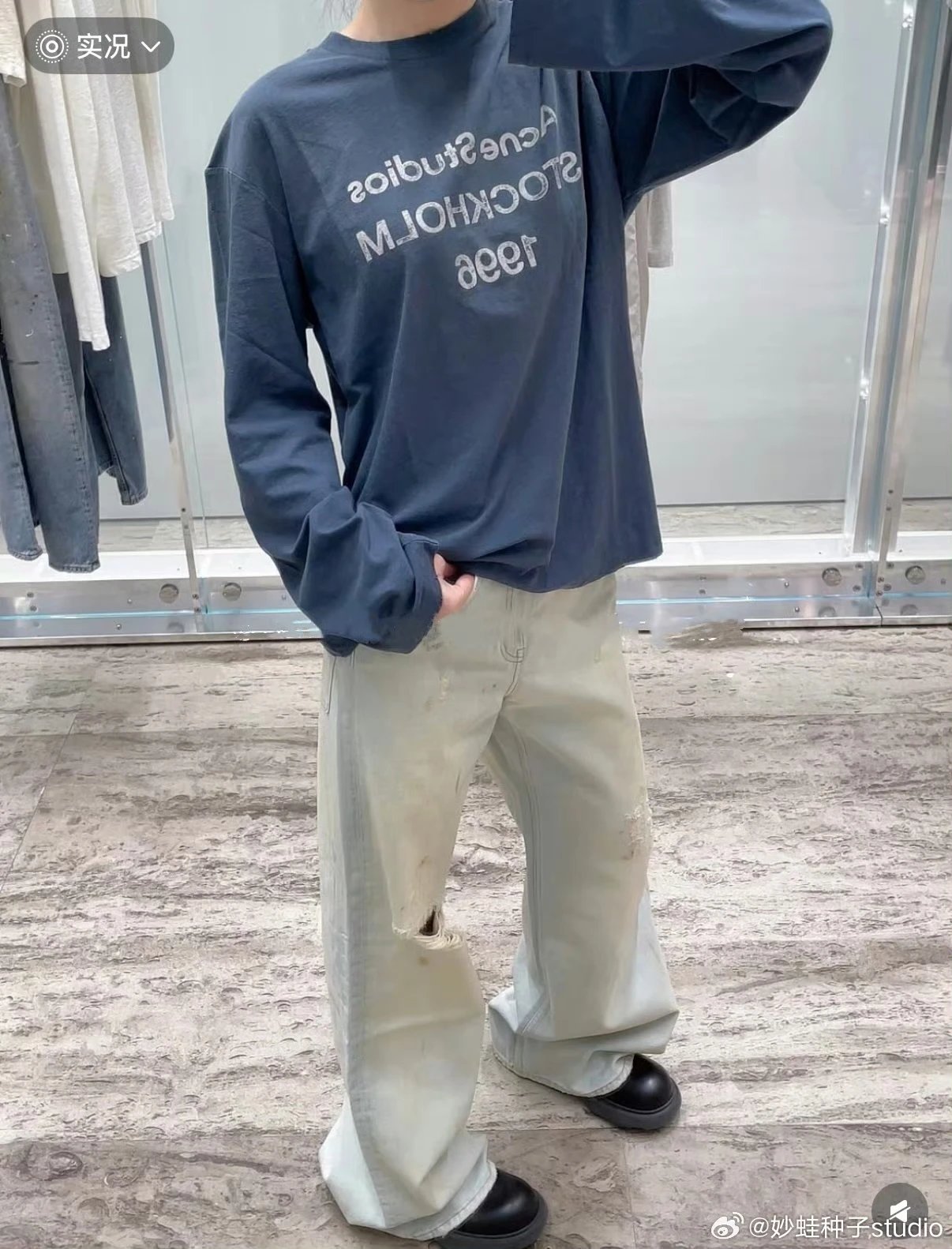 Bulbasaur Presents Non-AC Independent Style 1996 Prussian Blue Linen-Cotton Long Sleeve Tee 85% Cotton 15% Linen / Elliptical Machine Printing / Monkey Wash Distressing - Lay Zhang Same Style