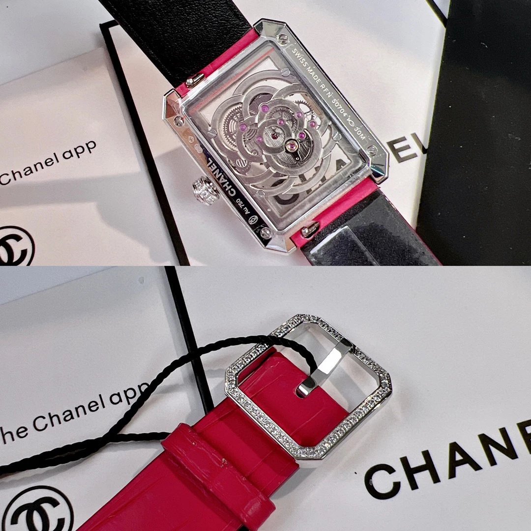 Chanel Boyfriend Skeleton Camélia Watch White Gold Diamond Black Leather Mechanical Watch Watches - 18