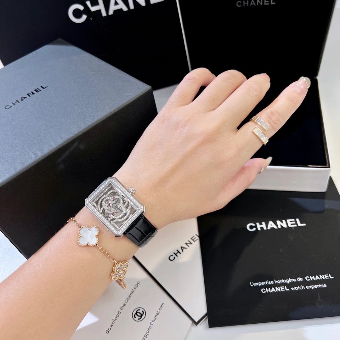 Chanel Boyfriend Skeleton Camélia Watch White Gold Diamond Black Leather Mechanical Watch Watches - 4