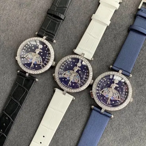 Van Cleef & Arpels Ballerina Watch Deep Blue Mother-of-Pearl Dial with Diamond Bezel and Black Alligator Strap Watches - 38