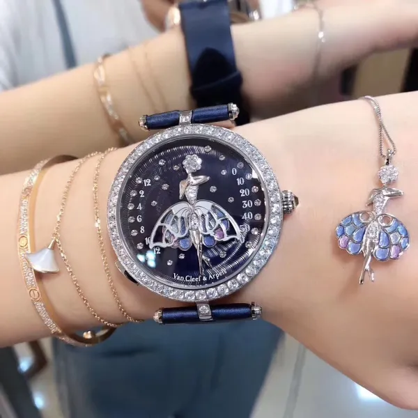 Van Cleef & Arpels Ballerina Watch Deep Blue Mother-of-Pearl Dial with Diamond Bezel and Black Alligator Strap Watches - 24
