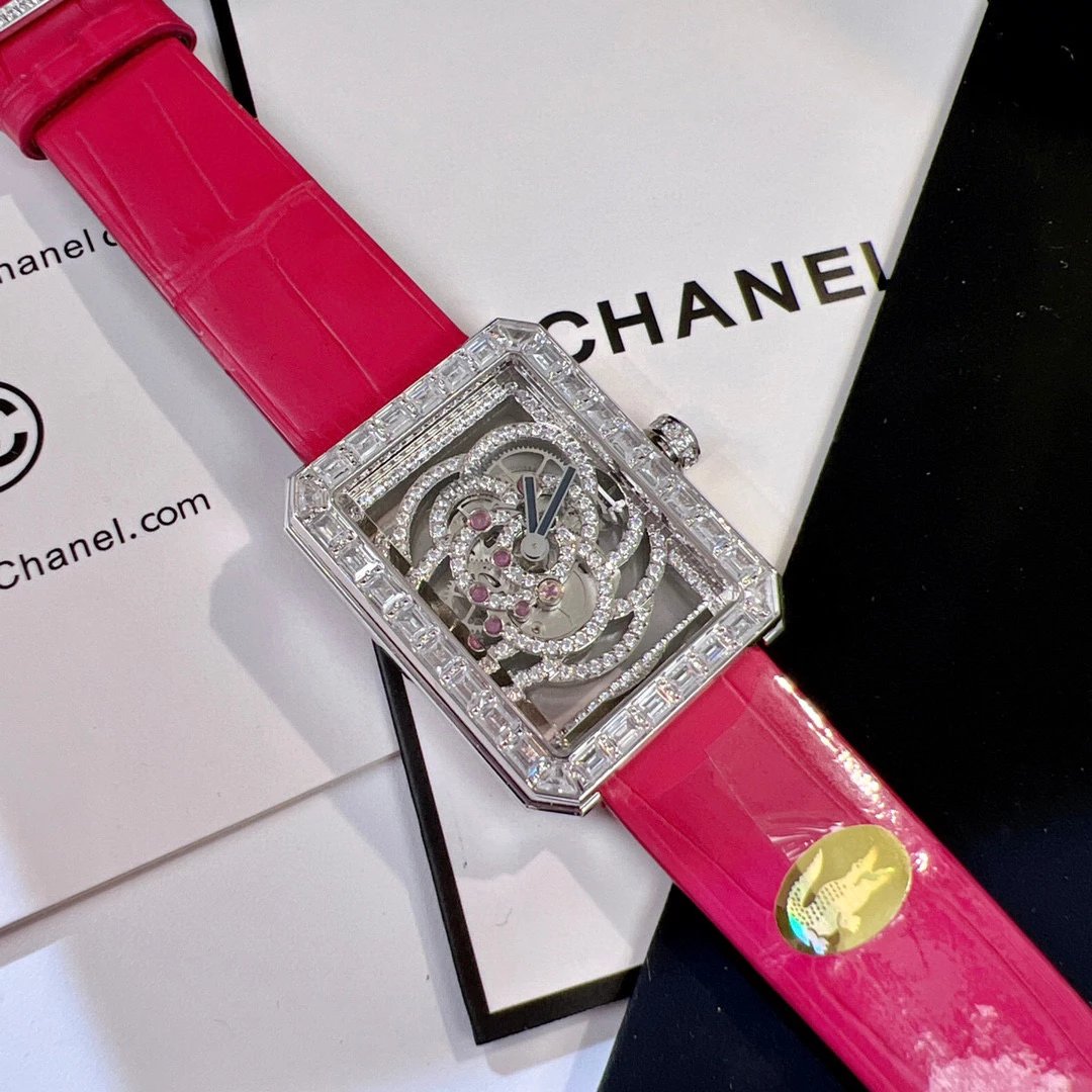 Chanel Boyfriend Skeleton Camélia Watch White Gold Diamond Black Leather Mechanical Watch Watches - 13