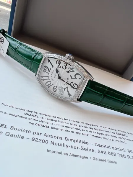 Franck Muller Curvex Diamond-Set Silver Dial Green Alligator Strap Mechanical Watch Watches - 42