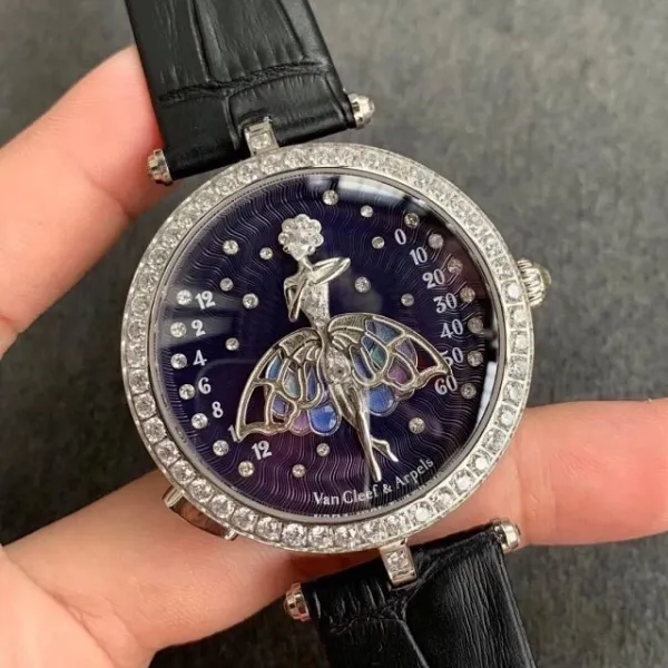 Van Cleef & Arpels Ballerina Watch Deep Blue Mother-of-Pearl Dial with Diamond Bezel and Black Alligator Strap Watches - 15