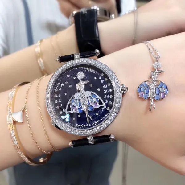 Van Cleef & Arpels Ballerina Watch Deep Blue Mother-of-Pearl Dial with Diamond Bezel and Black Alligator Strap Watches - 12