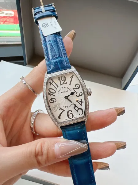 Franck Muller Curvex Diamond-Set Silver Dial Green Alligator Strap Mechanical Watch Watches - 22