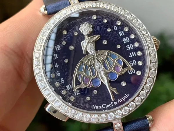 Van Cleef & Arpels Ballerina Watch Deep Blue Mother-of-Pearl Dial with Diamond Bezel and Black Alligator Strap Watches - 30