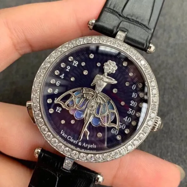 Van Cleef & Arpels Ballerina Watch Deep Blue Mother-of-Pearl Dial with Diamond Bezel and Black Alligator Strap Watches - 16