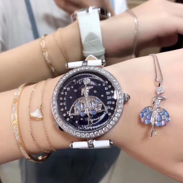 Van Cleef & Arpels Ballerina Watch Deep Blue Mother-of-Pearl Dial with Diamond Bezel and Black Alligator Strap Watches - 6