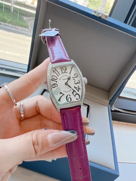 Franck Muller Curvex Diamond-Set Silver Dial Green Alligator Strap Mechanical Watch Watches - 47