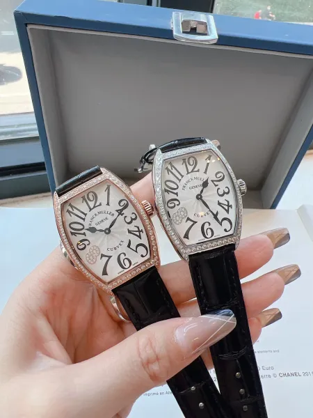 Franck Muller Curvex Diamond-Set Silver Dial Green Alligator Strap Mechanical Watch Watches - 16