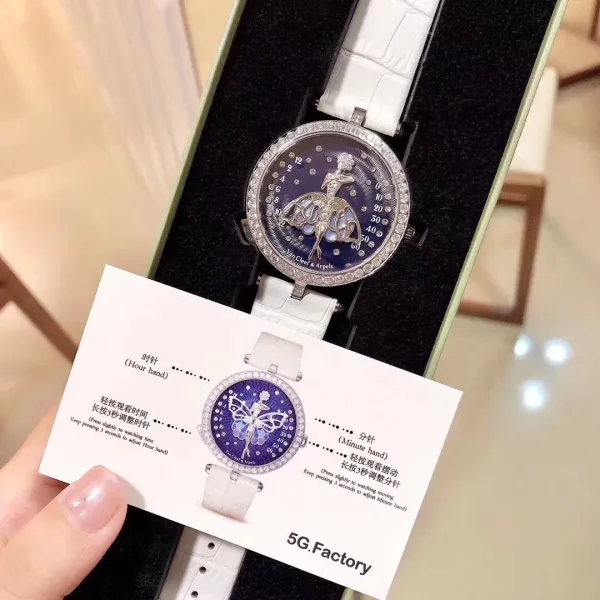 Van Cleef & Arpels Ballerina Watch Deep Blue Mother-of-Pearl Dial with Diamond Bezel and Black Alligator Strap Watches - 5