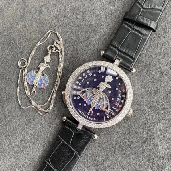 Van Cleef & Arpels Ballerina Watch Deep Blue Mother-of-Pearl Dial with Diamond Bezel and Black Alligator Strap Watches - 17