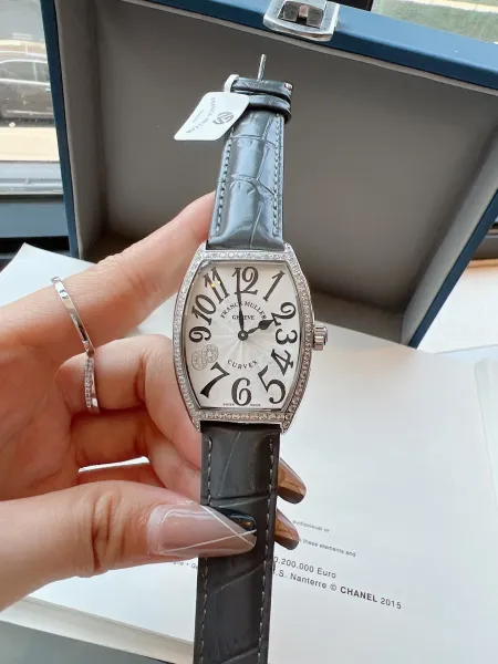 Franck Muller Curvex Diamond-Set Silver Dial Green Alligator Strap Mechanical Watch Watches - 9