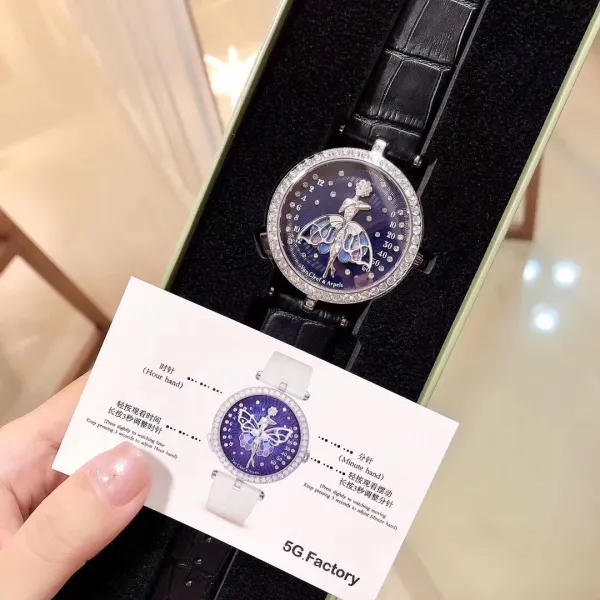 Van Cleef & Arpels Ballerina Watch Deep Blue Mother-of-Pearl Dial with Diamond Bezel and Black Alligator Strap Watches - 11
