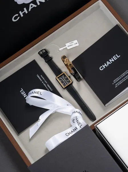 Chanel Mademoiselle Privé Watch Black and Gold Quartz Watch with Leather Strap Watches - 36