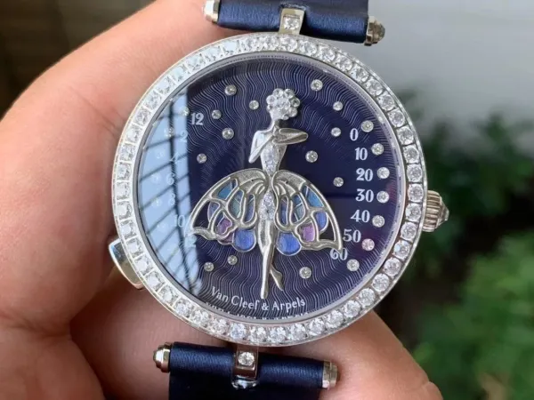 Van Cleef & Arpels Ballerina Watch Deep Blue Mother-of-Pearl Dial with Diamond Bezel and Black Alligator Strap Watches - 27