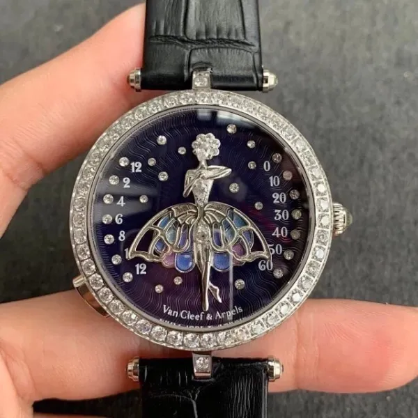 Van Cleef & Arpels Ballerina Watch Deep Blue Mother-of-Pearl Dial with Diamond Bezel and Black Alligator Strap Watches - 14