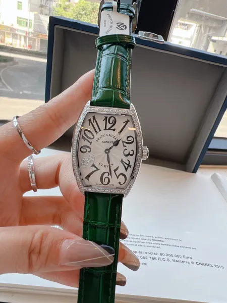 Franck Muller Curvex Diamond-Set Silver Dial Green Alligator Strap Mechanical Watch Watches - 40