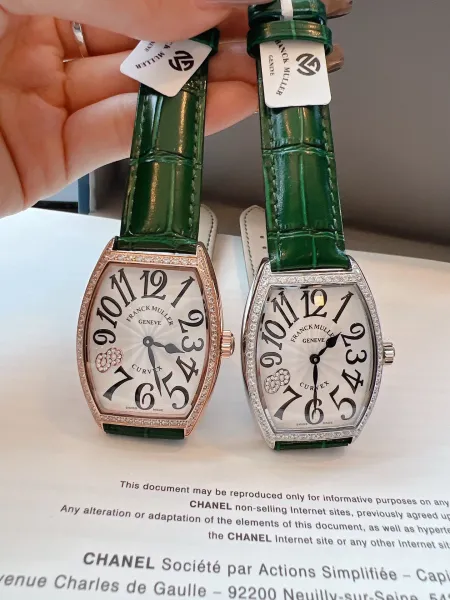 Franck Muller Curvex Diamond-Set Silver Dial Green Alligator Strap Mechanical Watch Watches - 44