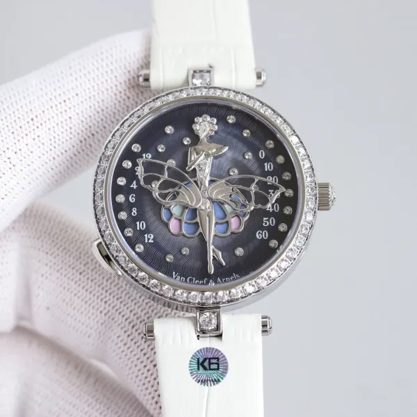 Van Cleef & Arpels Ballerina Watch Deep Blue Mother-of-Pearl Dial with Diamond Bezel and Black Alligator Strap Watches - 8