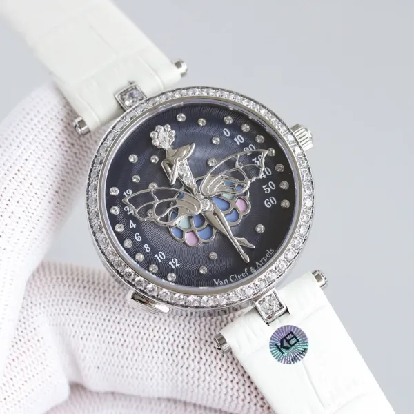 Van Cleef & Arpels Ballerina Watch Deep Blue Mother-of-Pearl Dial with Diamond Bezel and Black Alligator Strap Watches - 7