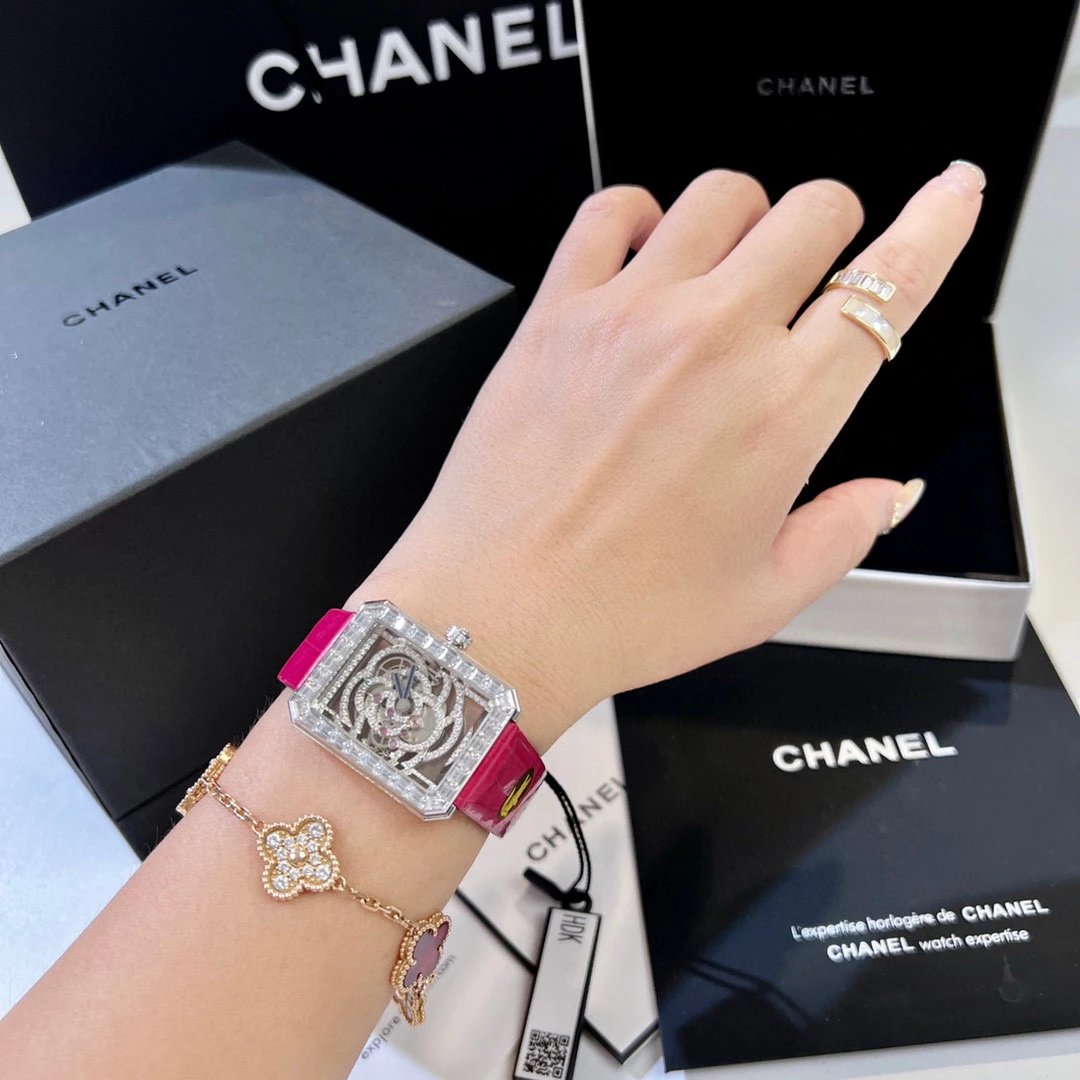Chanel Boyfriend Skeleton Camélia Watch White Gold Diamond Black Leather Mechanical Watch Watches - 15