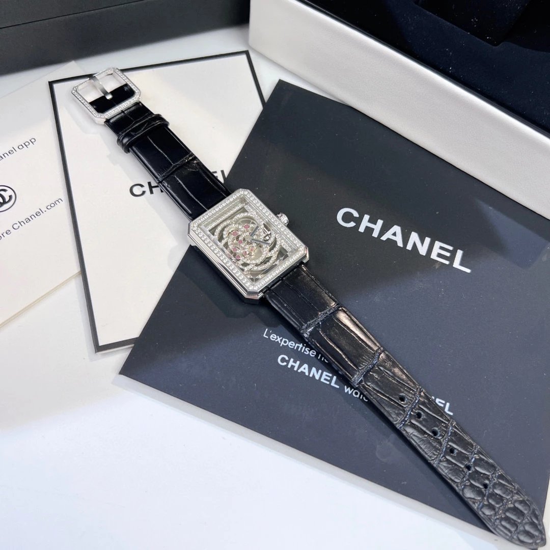 Chanel Boyfriend Skeleton Camélia Watch White Gold Diamond Black Leather Mechanical Watch Watches - 5