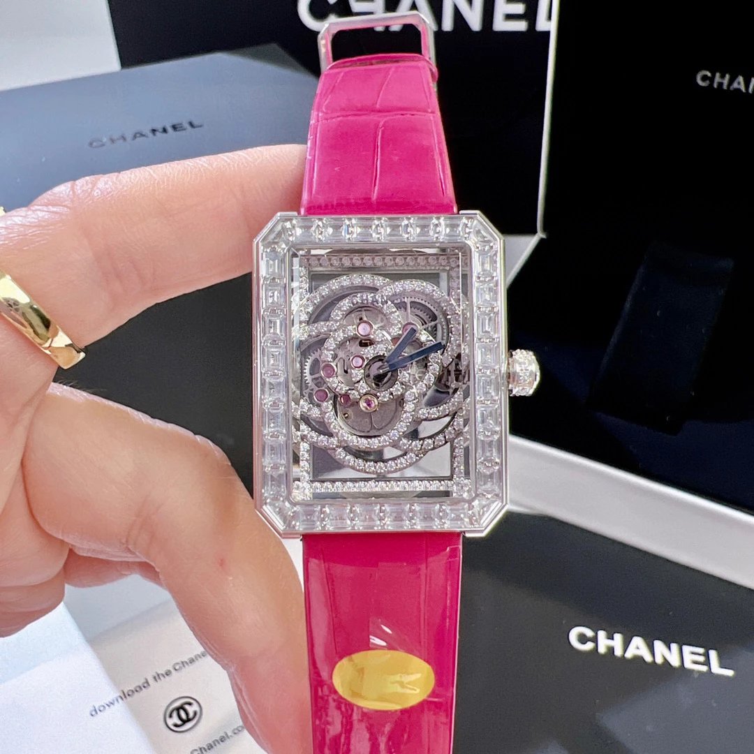 Chanel Boyfriend Skeleton Camélia Watch White Gold Diamond Black Leather Mechanical Watch Watches - 11