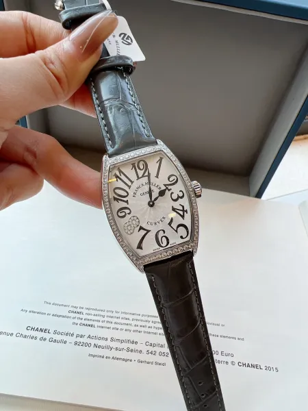 Franck Muller Curvex Diamond-Set Silver Dial Green Alligator Strap Mechanical Watch Watches - 10