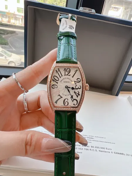 Franck Muller Curvex Diamond-Set Silver Dial Green Alligator Strap Mechanical Watch Watches - 37