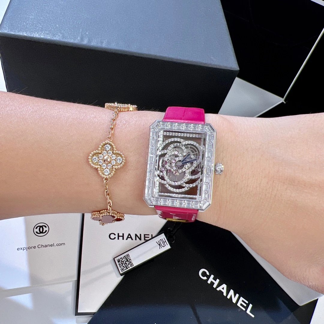 Chanel Boyfriend Skeleton Camélia Watch White Gold Diamond Black Leather Mechanical Watch Watches - 16
