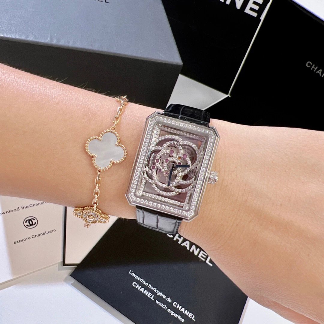 Chanel Boyfriend Skeleton Camélia Watch White Gold Diamond Black Leather Mechanical Watch Watches - 6