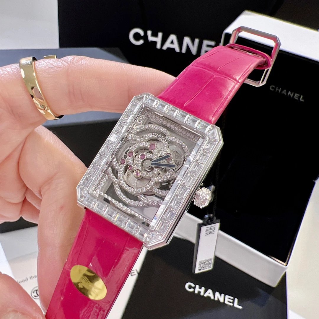 Chanel Boyfriend Skeleton Camélia Watch White Gold Diamond Black Leather Mechanical Watch Watches - 12