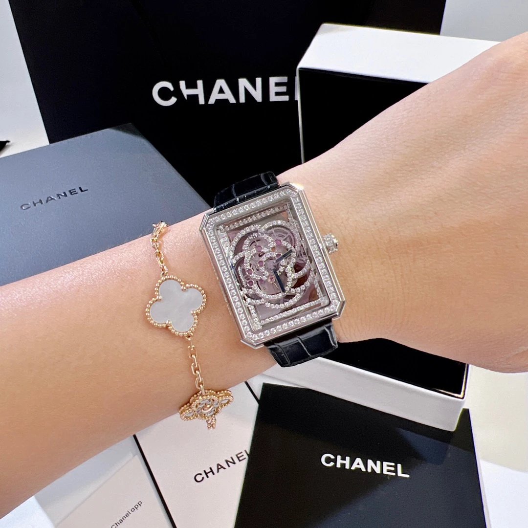 Chanel Boyfriend Skeleton Camélia Watch White Gold Diamond Black Leather Mechanical Watch Watches - 7