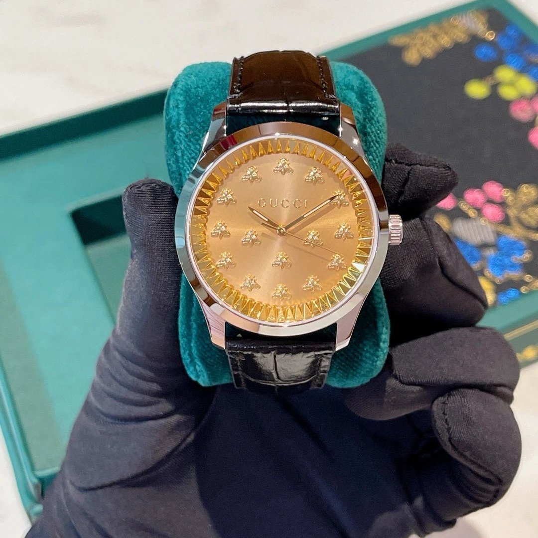Gucci G-Timeless Bee Motif Gold Dial Leather Strap Watch Watches