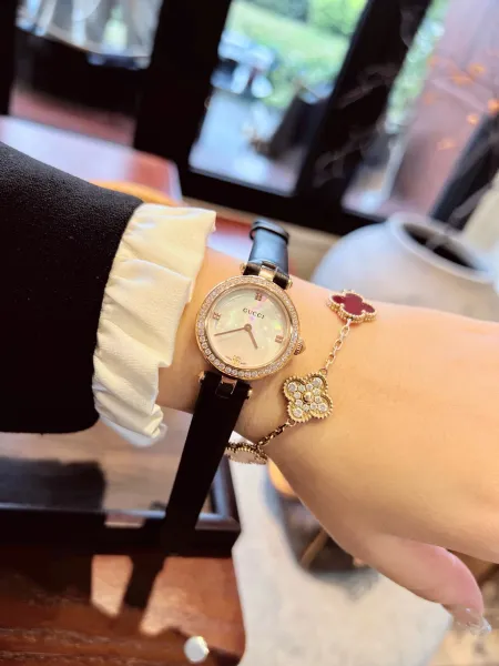 Gucci G-Timeless Mini Mother-of-Pearl Dial Black Leather Watch Watches - 47