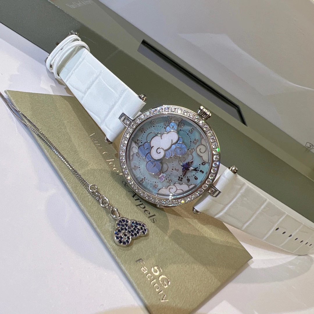 Van Cleef & Arpels Poetic Complications Clouds and Swallows White Mother-of-Pearl Dial White Alligator Strap Watch Watches - 9