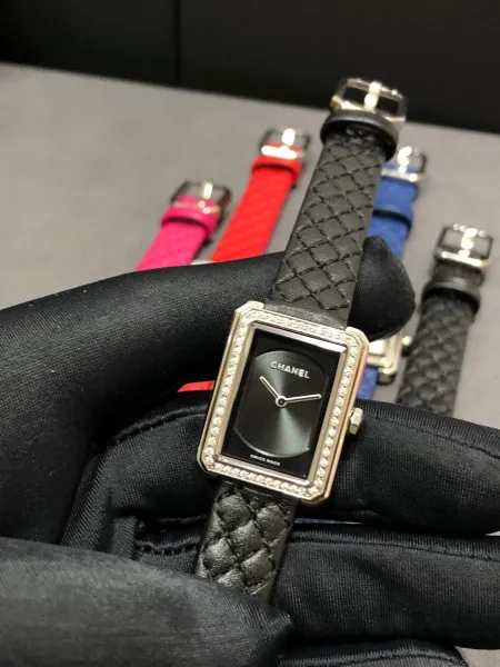 Chanel Boy Friend H6955 Black Quilted Leather Diamond-Set Rectangular Watch Watches - 24
