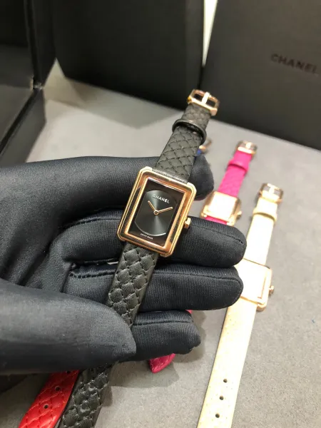 Chanel Boy Friend H6955 Black Quilted Leather Diamond-Set Rectangular Watch Watches - 38