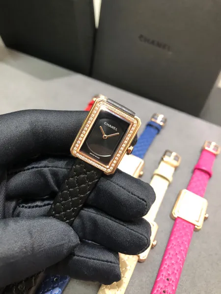 Chanel Boy Friend H6955 Black Quilted Leather Diamond-Set Rectangular Watch Watches - 25