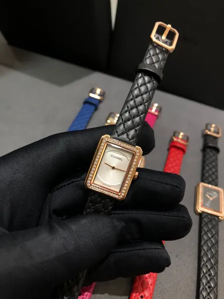 Chanel Boy Friend H6955 Black Quilted Leather Diamond-Set Rectangular Watch Watches - 36